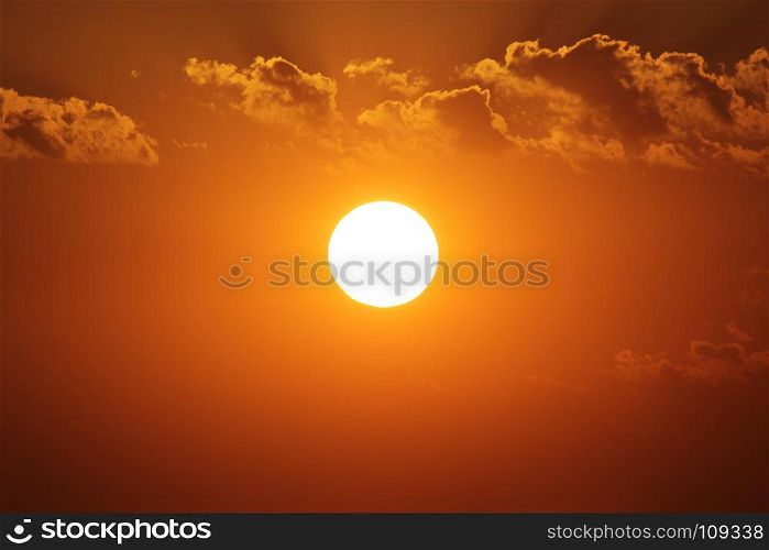 landscape background, big bright sun on sky background