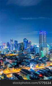 Landscape Bangkok city Modern building at twilight, high angle.. Bangkok cityscape.