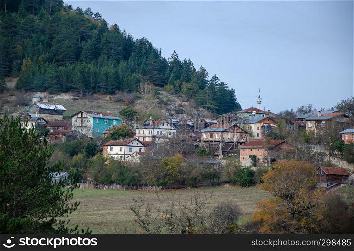 Landscape beautiful autumn nature and village on the hillside of Kure Mountains in Kastamonu, Turkey
