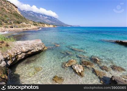 Landscape coast with blue sea rocks and mountains in Greece