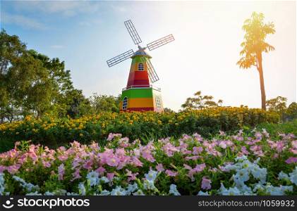 Landscape colorful flower garden and windmill on hill nature in the garden park
