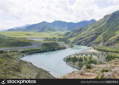 Landscape confluence of Chuya River and Katun River on Altai in Russia among mountains