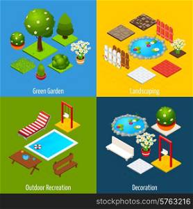 Landscape design concept set with green garden outdoor recreation and decoration isometric icons isolated vector illustration