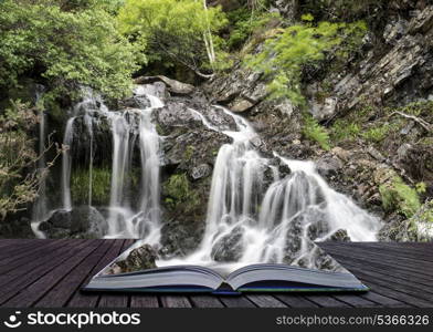 Landscape detail of waterfall over rocks in Summer long exposure blurred motion. Creative concept pages of book Detail shot of Rhiwargor Falls in Snowdonia National Park in North Wales