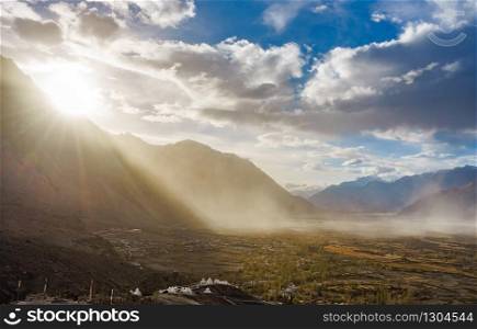 Landscape from Diskit Monastery. Diskit Monastery also known as Deskit Gompa or Diskit Gompa is the oldest and largest Buddhist monastery in the Nubra Valley of Ladakh, Kashmir, India.