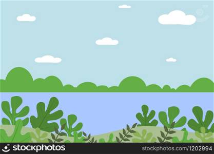Landscape from fantasy compositions. Sea with mountains and trees in a minimal style. Flat design, vector illustration.. Landscape from fantasy compositions. Sea with mountains and trees in a minimal style. Flat design, vector illustration