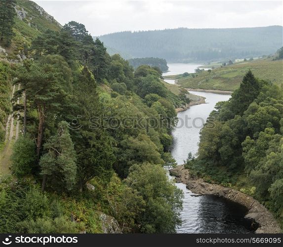 Landscape image looking down onto river flowing through forest in Summer
