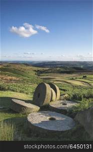 Landscape image of millstones on top of Stanage Edge in Peak District
