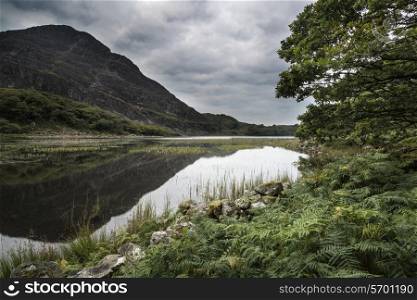 Landscape image of mountain reflected in calm lake on Summer morning