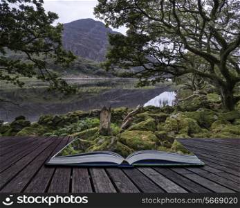 Landscape image of mountain reflected in calm lake on Summer morning conceptual book image