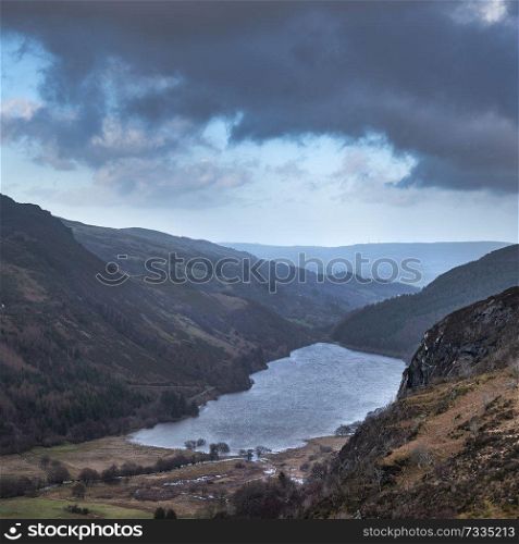 Landscape image of view from peak of Crimpiau towards Llyn Crafnant in Snowdonia