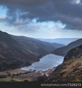 Landscape image of view from peak of Crimpiau towards Llyn Crafnant in Snowdonia