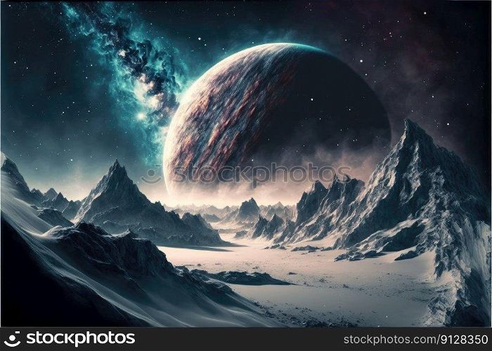 Landscape in fantasy new planet with galaxy background. Concept of nebula space atmosphere with mountain and snowy. Finest generative AI.. Landscape in fantasy new planet with galaxy background.