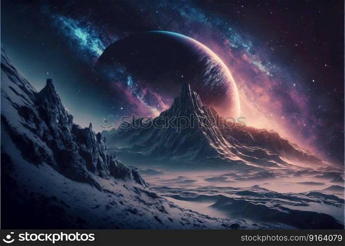 Landscape in fantasy new planet with galaxy background. Concept of nebula space atmosphere with mountain and snowy. Finest generative AI.. Landscape in fantasy new planet with galaxy background.