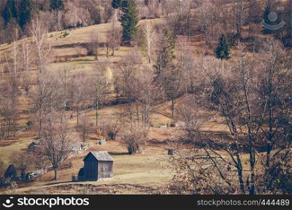 landscape in the Carpathians - view of the slope and wooden buildings, Romania