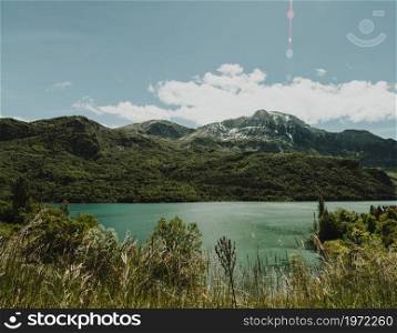 landscape lake surrounded by mountains. High resolution photo. landscape lake surrounded by mountains. High quality photo