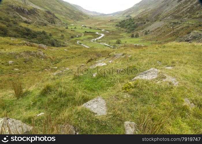 Landscape looking west from Ogwen Cottage, the Nant Ffrancon Valley, Gwynedd, Wales, United Kingdom
