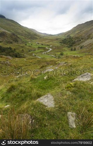 Landscape looking west from Ogwen Cottage, the Nant Ffrancon Valley, Gwynedd, Wales, United Kingdom