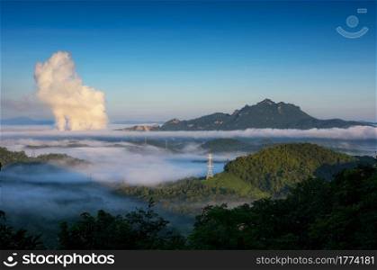 Landscape morning fog over on the mountain of Mae Moh Lampang, The most amazing Mist and unseen thailand.. Mountain landscape with fog.