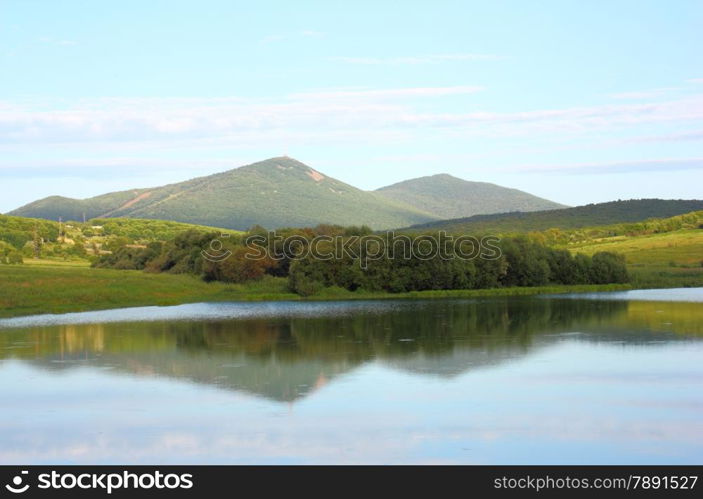 Landscape mountain lake against the sky in clouds