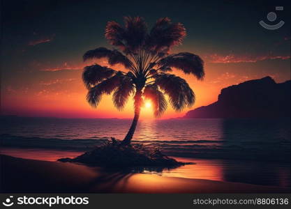 Landscape nature sunset and red twilight sky with Silhouette lighthouse coconut tree