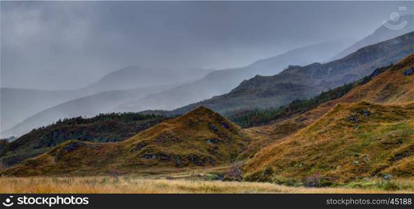 Landscape near Loch Garry, A87 road, Highland, Scotland. Rainy and windy october midday.&#xA;