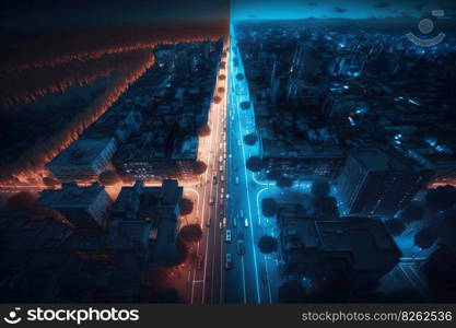 Landscape night city view. Neural network AI generated art. Landscape night city view. Neural network AI generated