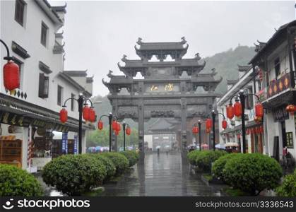 Landscape of a famous ancient Chinese village in the rains
