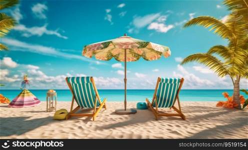 Landscape of a summer beach with colored umbrellas and deck chairs against the background of the sea. Landscape of a summer beach with colored umbrellas and deck chairs against the background of the sea.AI generated