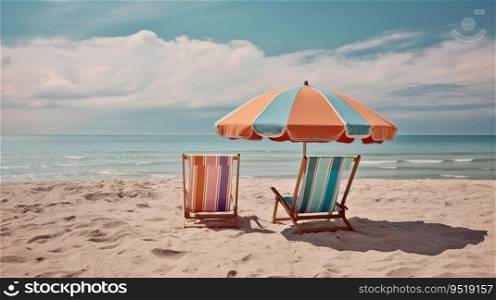 Landscape of a summer beach with colored umbrellas and deck chairs against the background of the sea. Landscape of a summer beach with colored umbrellas and deck chairs against the background of the sea.AI generated