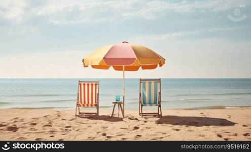 Landscape of a summer beach with colored umbrellas and deck chairs against the background of the sea. Landscape of a summer beach with colored umbrellas and deck chairs against the background of the sea.AI generated