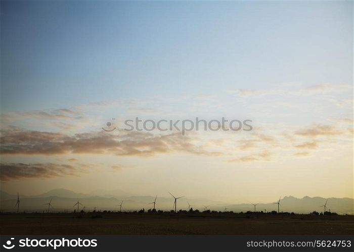 Landscape of a wind farm at sunset