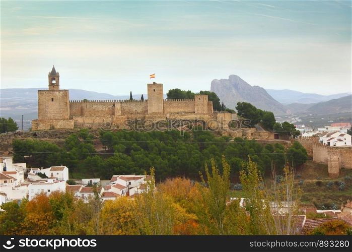 Landscape of Alcazaba of Antequera with mountain Pena de los Enamorados in Spain