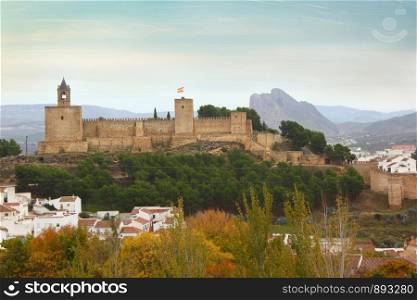Landscape of Alcazaba of Antequera with mountain Pena de los Enamorados in Spain