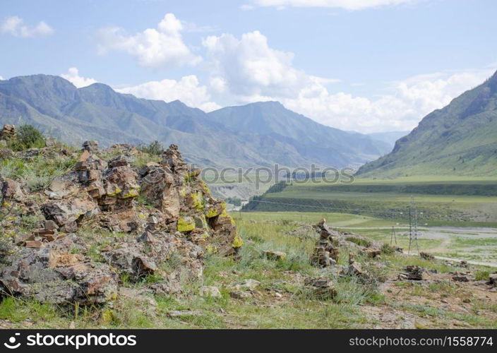 Landscape of Altai Mountains and holiday home in Russia with forest and plants