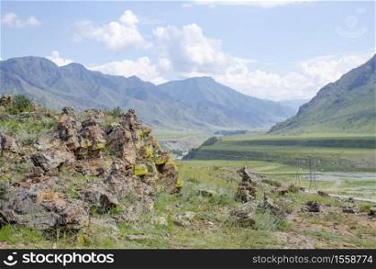 Landscape of Altai Mountains and holiday home in Russia with forest and plants