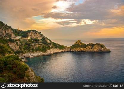 Landscape of Amalfi coast and scenic Conca dei Marini bay at sunset
