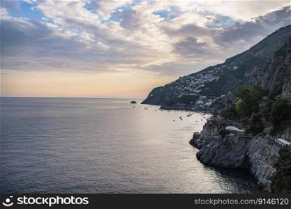 Landscape of Amalfi coast at sunset 
