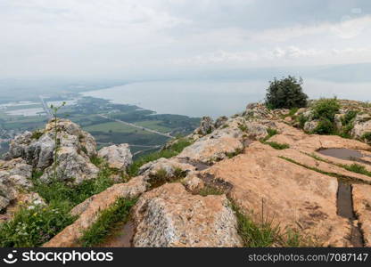 landscape of Arbel Cliff (Ancient Cave Fortress). National park. Low Galilee, Tiberius lake. Israel. arbel cliff or mount arbel israel