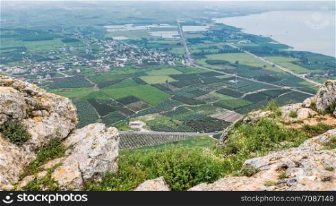 landscape of Arbel Cliff (Ancient Cave Fortress). National park. Low Galilee, Tiberius lake. Israel. arbel cliff or mount arbel israel