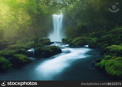 Landscape of beautiful scenery of waterfall in deep forest background, 3d rendering