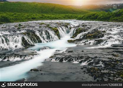 Landscape of Bruarfoss waterfall in Brekkuskogur, Iceland. Bruarfoss waterfall is the famous waterfall attracting tourist who visit route of Iceland Golden Circle.