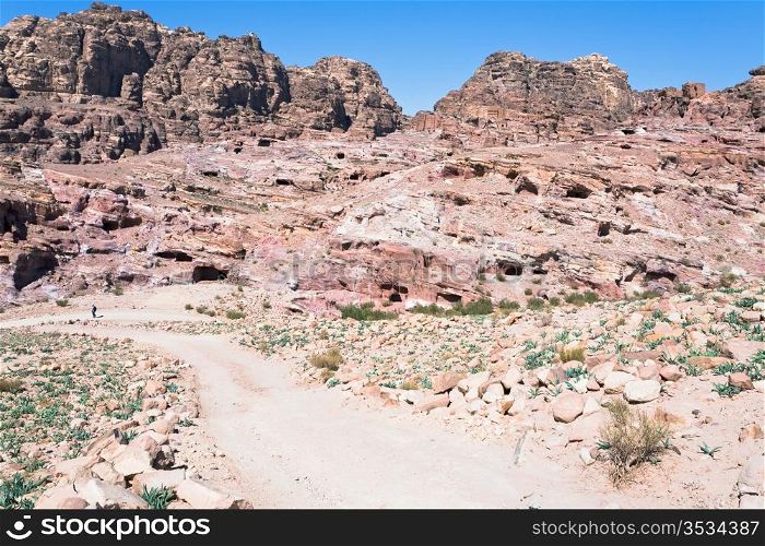 landscape of city Petra with ancient caverns and tombs, Jordan