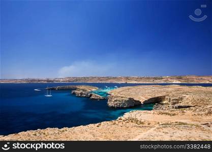 Landscape of Comino Island (foreground) and Gozo Island (background) in malta