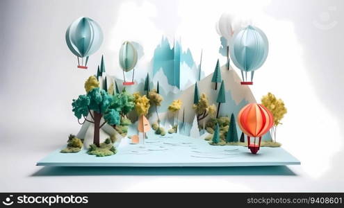 Landscape of fantasy whimsical island with forest and mountains, hot air balloon over the sea, paper craft art or origami style.. Landscape of fantasy whimsical island with forest and mountains, hot air balloon over the sea, paper craft art or origami style