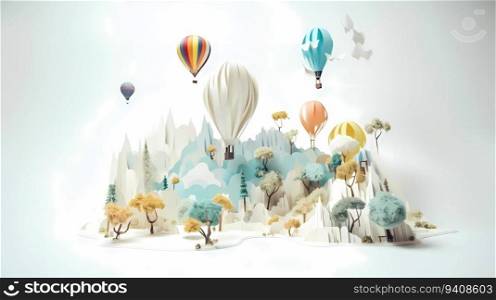 Landscape of fantasy whimsical island with forest and mountains, hot air balloon over the sea, paper craft art or origami style.. Landscape of fantasy whimsical island with forest and mountains, hot air balloon over the sea, paper craft art or origami style