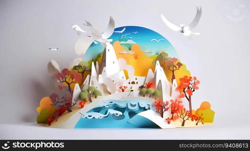 Landscape of fantasy whimsical island with forest and mountains, hot air balloon over the sea, paper craft art or origami style.. Landscape of fantasy whimsical island with forest and mountains, hot air balloon over the sea, paper craft art or origami style