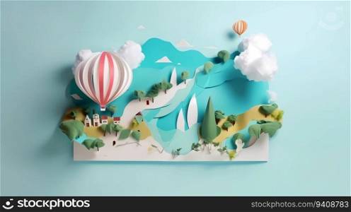 Landscape of fantasy whimsical island with forest and mountains, hot air balloon over the sea, paper craft art or origami style.. Landscape of fantasy whimsical island with forest and mountains, hot air balloon over the sea, paper craft art or origami style