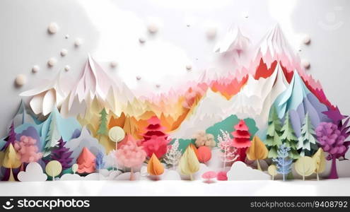 Landscape of fantasy whimsical island with forest and mountains, hot air balloon over the sea, paper craft art or origami style.. Landscape of fantasy whimsical island with forest and mountains, hot air balloon over the sea, paper craft art or origami style