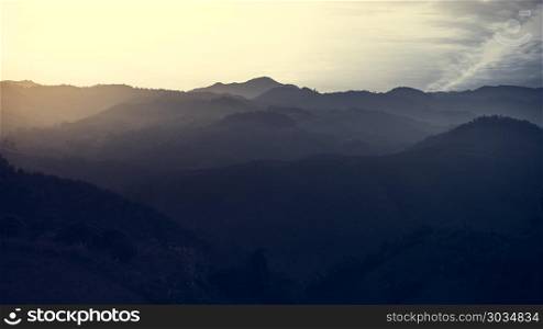 Landscape of forest mountains among mist on sunset. Landscape of forest mountains on sunset